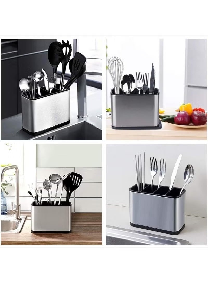 ترينفي حامل أدوات طهي كبير من الفولاذ المقاوم للصدأ بأربعة أقسام، مقاوم للصدأ، مزود بقاعدة مانعة للانزلاق ومصفاة، منظم أدوات مائدة للملاعق والشوك وعيدان الطعام والسكاكين، سلة تخزين للمطبخ - Image 3